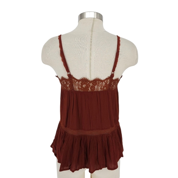 American Eagle Peplum Tank Top Rust Brown Sleeveless Lace Trim Square Neck Shirt - Picture 4 of 8